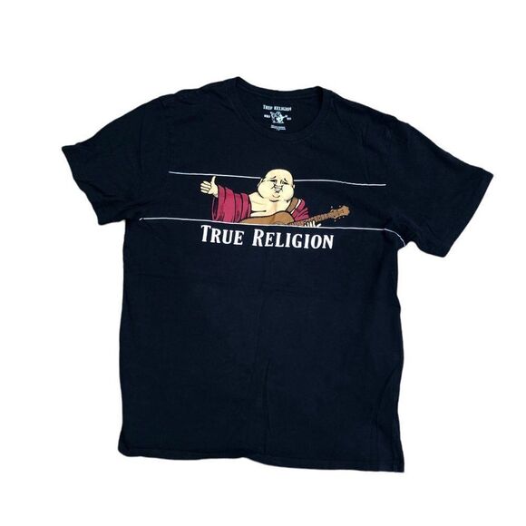 TRUE Religion T Shirt Peekaboo Buddha Large Black BIG LOGO - Picture 2 of 8